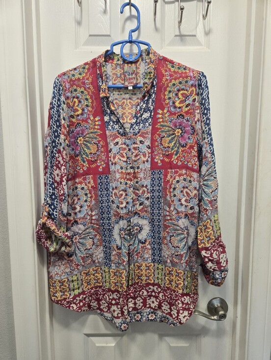 Johnny Was Tops - Johnny Was Red Multicolor Boho Floral Patchwork Blouse Size L